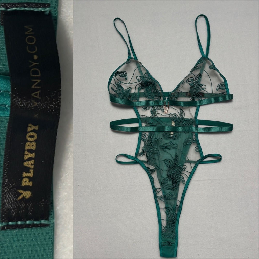 Y2K Playboy Large Green Floral Lace Teddy Bodysuit Strappy Lingerie